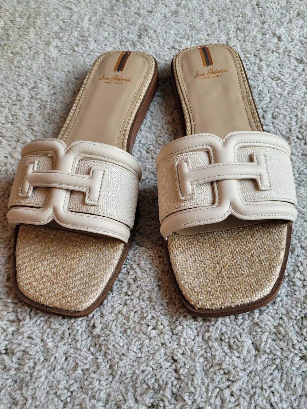 Cream Leather Sandals Natural Woven Toe Detail & Metallic Stitching 10 1/2 - Picture 4 of 5